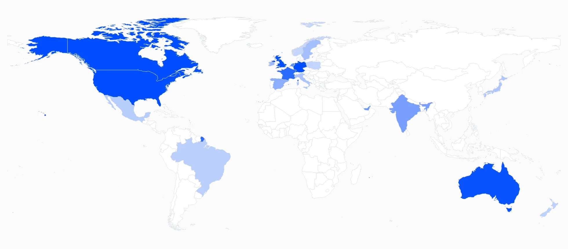 World map with sessions shaded by country, led by the United States, the United Kingdom, Canada and Australia