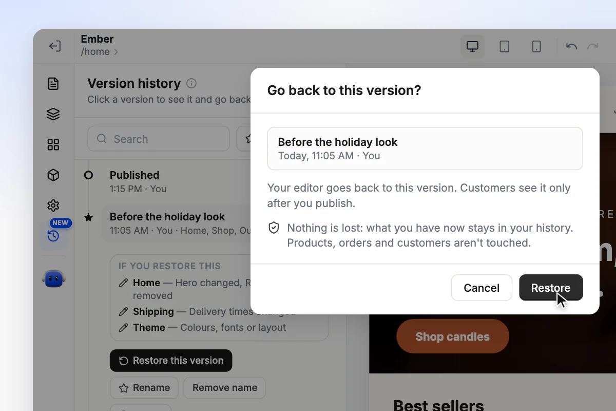 The Go back to this version dialog: the editor goes back to the version, customers see it only after you publish, and products, orders and customers are not touched