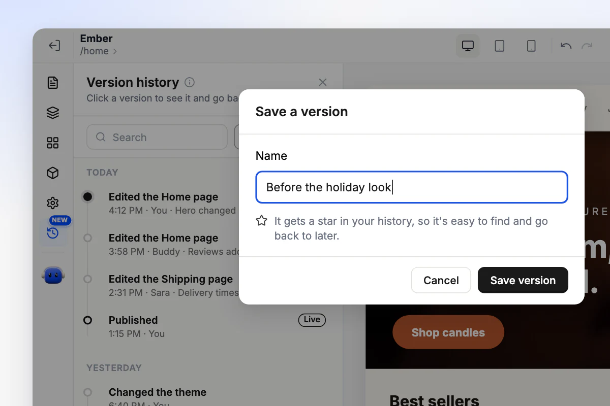 The Save a version dialog in the Orderain builder, naming the current look Before the holiday look, with a note that it gets a star in your history