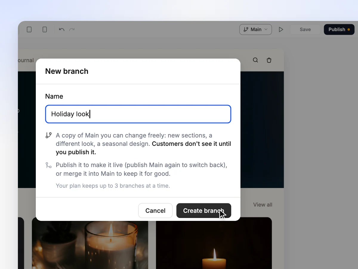 The New branch dialog naming a branch Holiday look, explaining it is a copy of Main that customers do not see until it is published