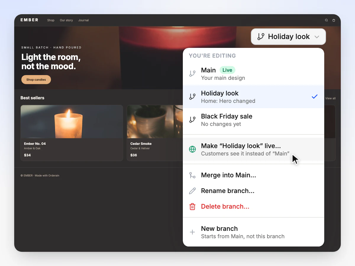 The branch menu over a darker holiday store: Main is live, Holiday look is open, and Make Holiday look live is under the pointer