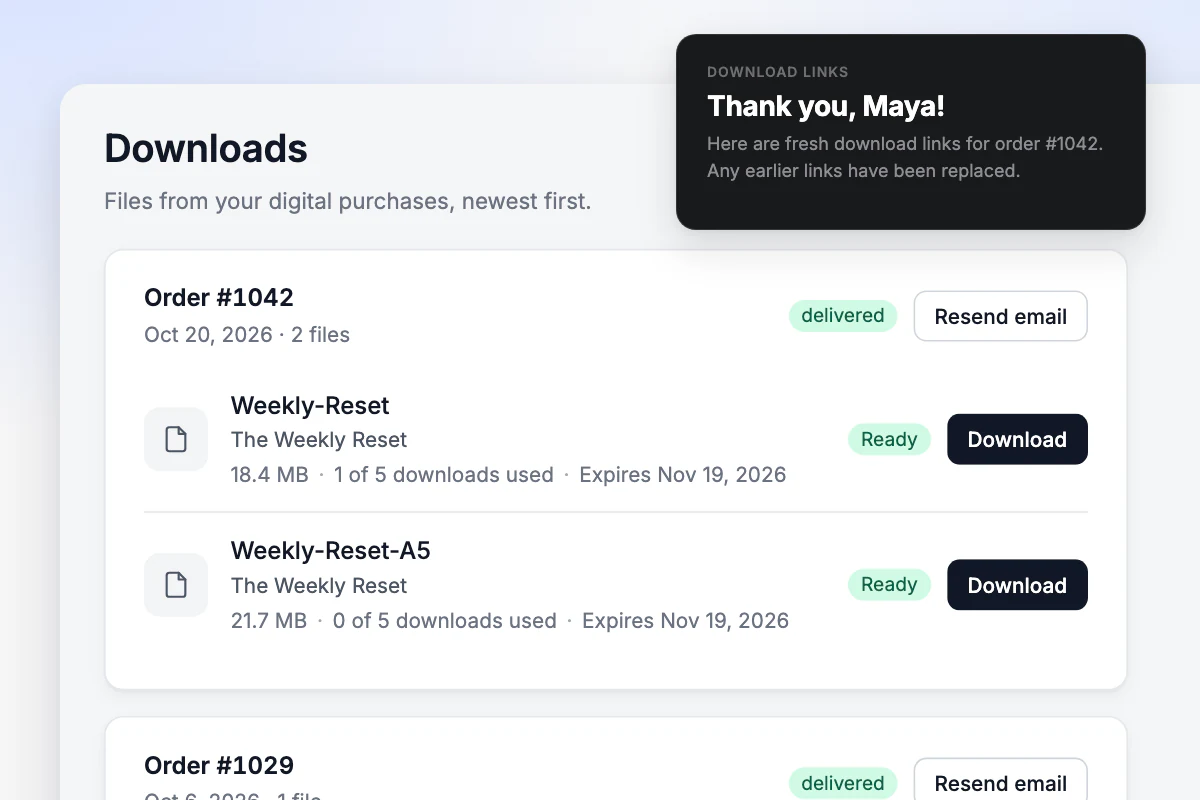 The Downloads tab of a store account, listing purchased files with a Resend email button