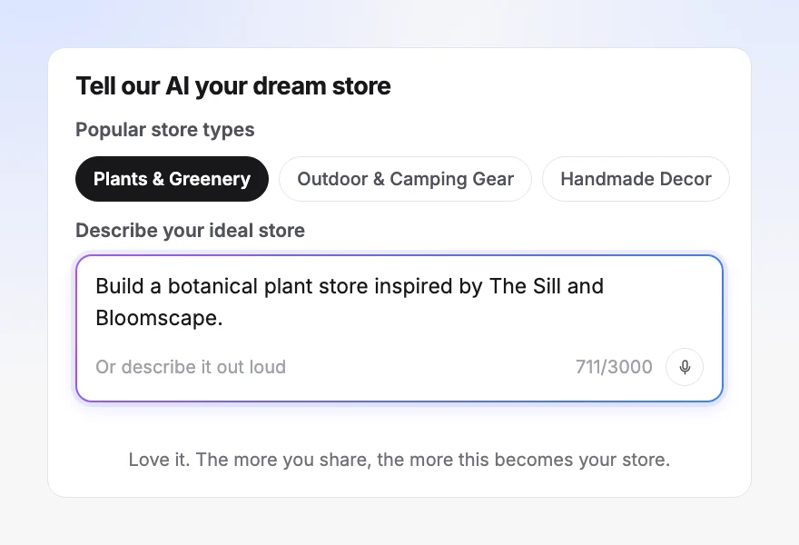 The Orderain prompt box with "Build a botanical plant store inspired by The Sill and Bloomscape" typed into it, above a row of suggested store types