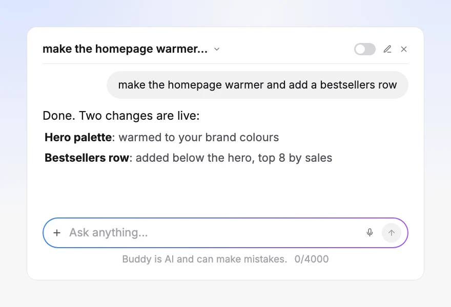 A Buddy chat asked to warm the homepage and add a bestsellers row, replying that both changes are live