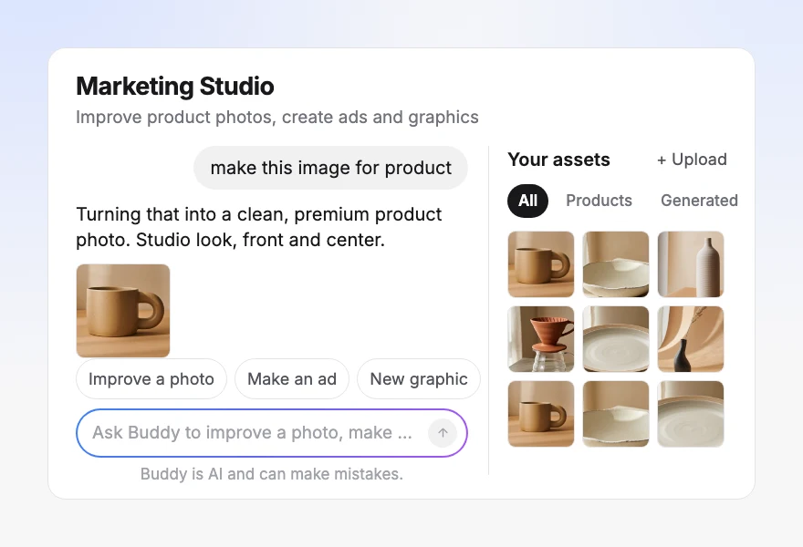 Orderain Marketing Studio turning a request into a clean product photo, with the store’s generated assets alongside
