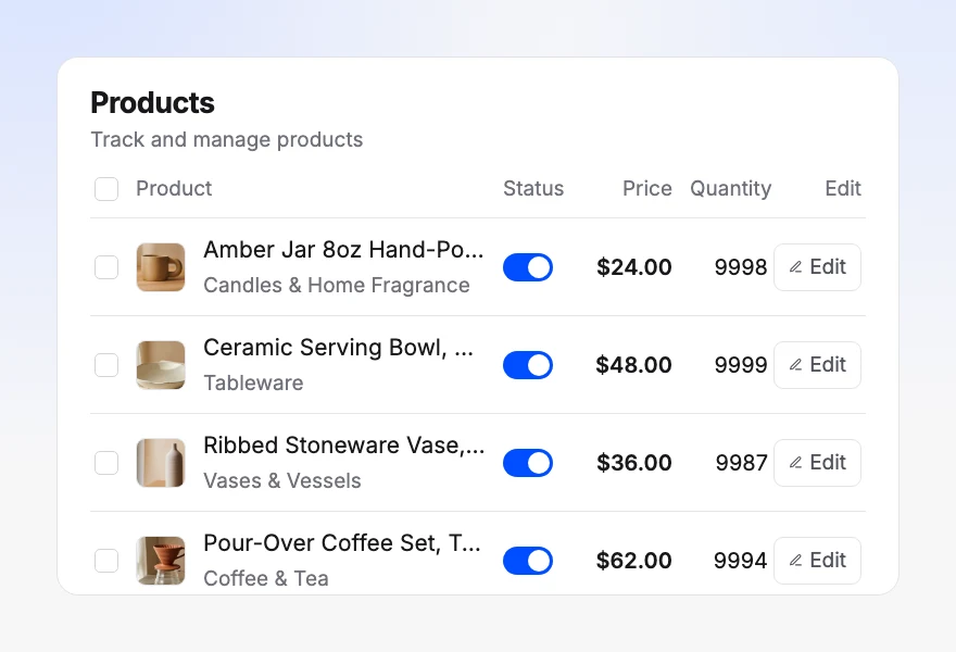 The Orderain products screen showing catalog management with variants and stock