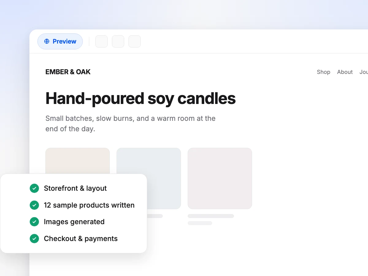 A generated candle storefront in the Orderain preview, with a checklist confirming layout, sample products, images, and checkout are done