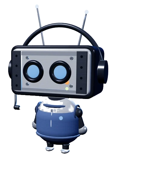 Buddy, the Orderain agent, a friendly robot wearing a support headset