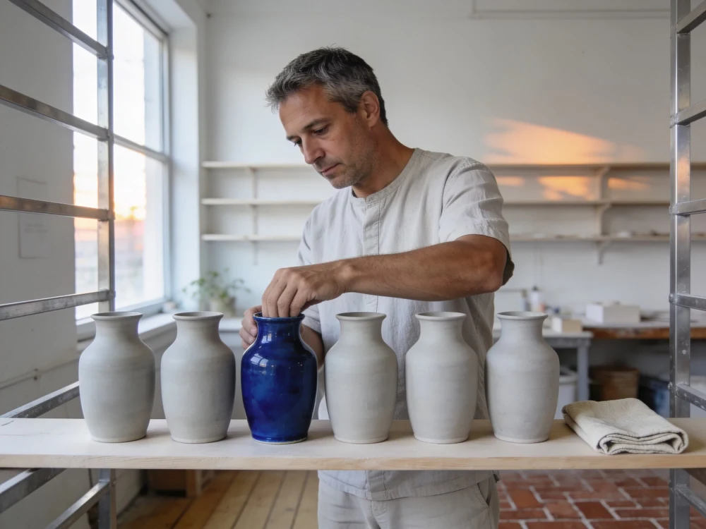A potter setting the last of a finished range of stoneware vessels onto a shelf